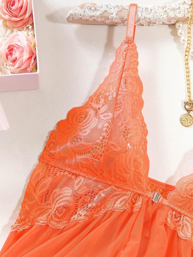 Foxiny Sexy Open Front V Neck Ruffle Sheer Mesh Lace Wireless Babydoll Lingerie Dress with Thong 2 Piece