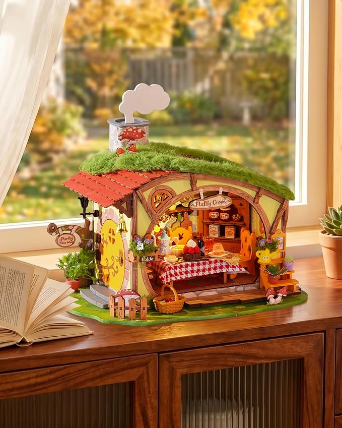 Rolife DIY Miniature Dollhouse Kit Fluffy Grove, Stress Relieving Fantasy Forest Mini House Building Kit with LED, Cozy Fairy Cottage Wooden Dollhouse Craft for Adults Teens, Bookshelf Home Decor Gift