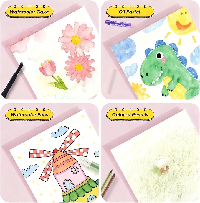 KIDDYCOLOR Kids Art Set, Drawing Art Supplies for Girls & Boys Ages 4-8 with Watercolor Cakes, Oil Pastels, Colored Pencils, Ideal Gift for Young Artist, Pink-217pcs