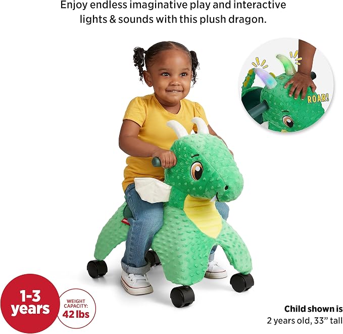 Radio Flyer Jade the Magical Touch Dragon Ride On, Ages 1-3, Interactive Lights & Sounds, Horns Light Up Riding, EZ-Glide 360-degree Wheels, Easy Grip Handles, Soft Plush Face, Toddler Ride On Toys