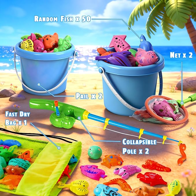 CozyBomB™ Magnetic Fishing Toys Game Set for Kids | Water Table Bathtub Kiddie Pool Party Pole Rod Net, Outdoor Plastic Floating Fish, Toddler Bath Color Ocean Sea Animals Birthday Gift Age 3-5 6 4-8
