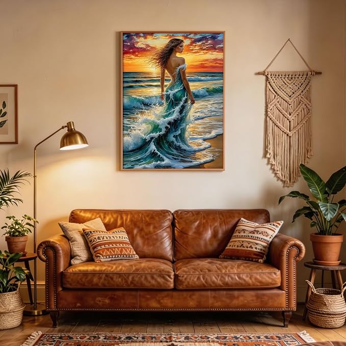 Ocean Wave Woman Diamond Painting Kit for Adults, Fantasy Beach Sunset Lady, 5D Full Round Drill Diamond Art Beginners Canvas for Home Wall Decor, DIY Paint by Diamonds Dot Gem Craft12x16 Inch