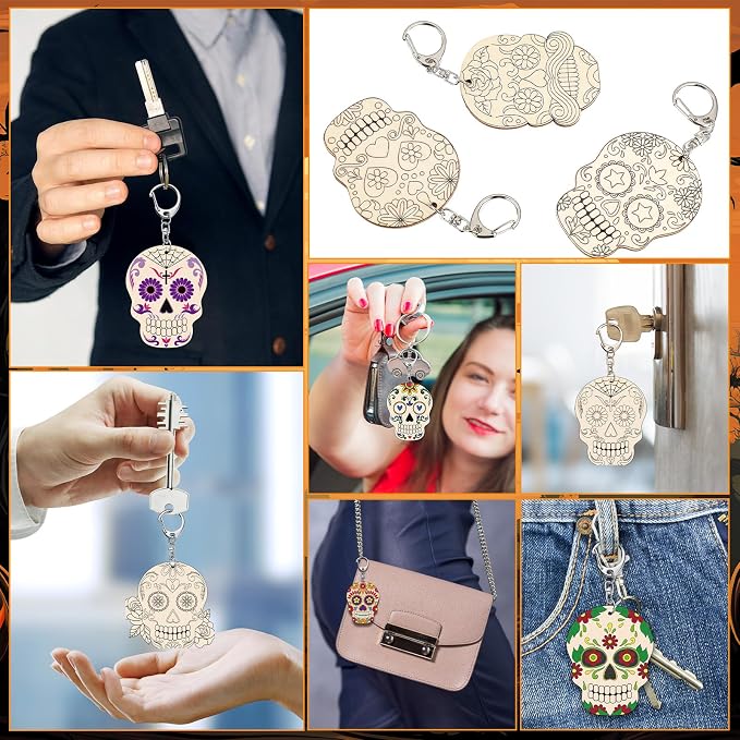 Trnayi 36 Pcs Day of The Dead Unfinished Wooden Keychains for Kids Color Your Own Unfinished Wooden Crafts Blank Wood Painting DIY Crafts for Home Activities Arts Project Decoration