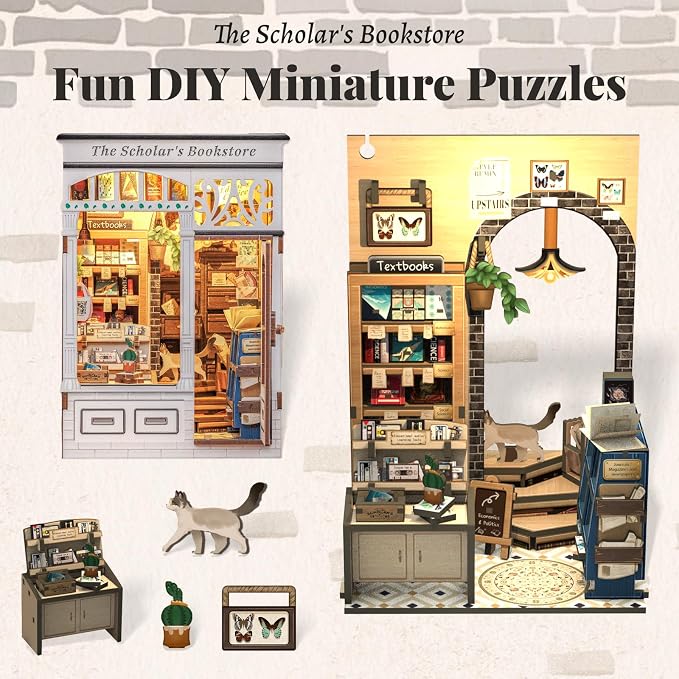 Fsolis Book Nook Kit - DIY Miniature House Kit with Cat | Booknook Bookshop 3D Wooden Puzzles for Adults Tiny Building Kit Gifts for Women Book Lovers (The Scholar's Bookstore)
