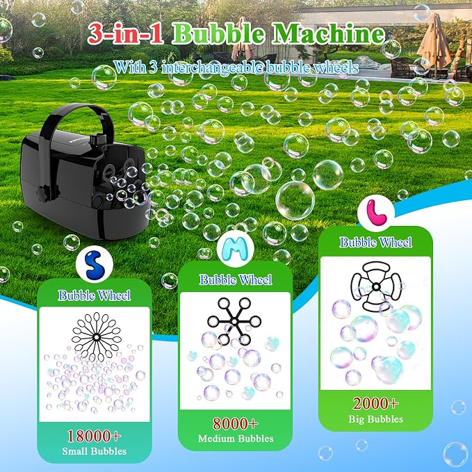 Wisdomlit Bubble Machine, 3-in-1 Bubble Maker, Bubble Blower with 3 Bubble Wheels, Make Small | Medium | Big Bubbles for Kids Toddlers, Bubble Toys for Indoor Outdoor Birthday Party (Black)
