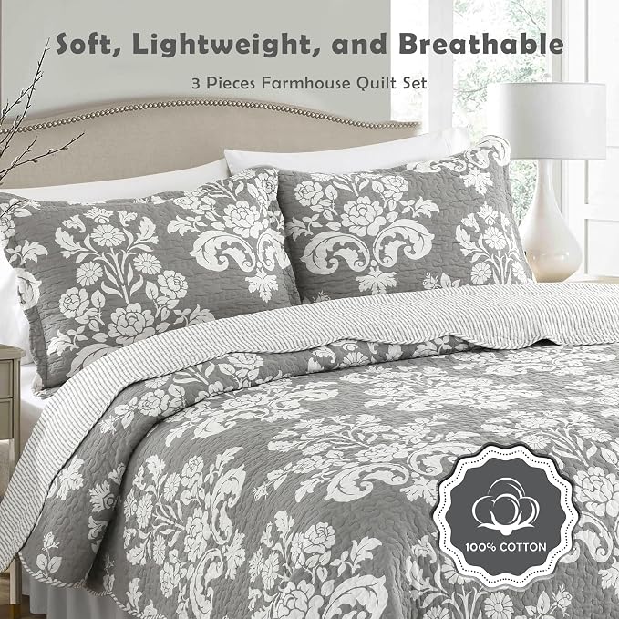 King Size Quilt Set - 100% Cotton Grey Quilt Set, Gray Floral Pattern Farmhouse Bedspread Set, King Lightweight Reversible King Quilt Bedding Set for All Season,Gray Grey White, 3-Piece