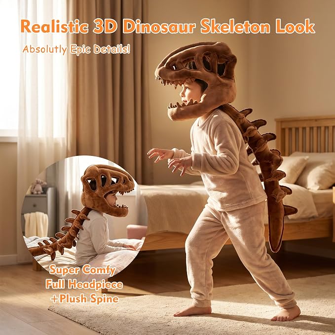 Dinosaur Skeleton Costume, Wearable Spinosaurus Skull Mask & Spine, Silly Dino Skeleton Halloween Costumes Outfit