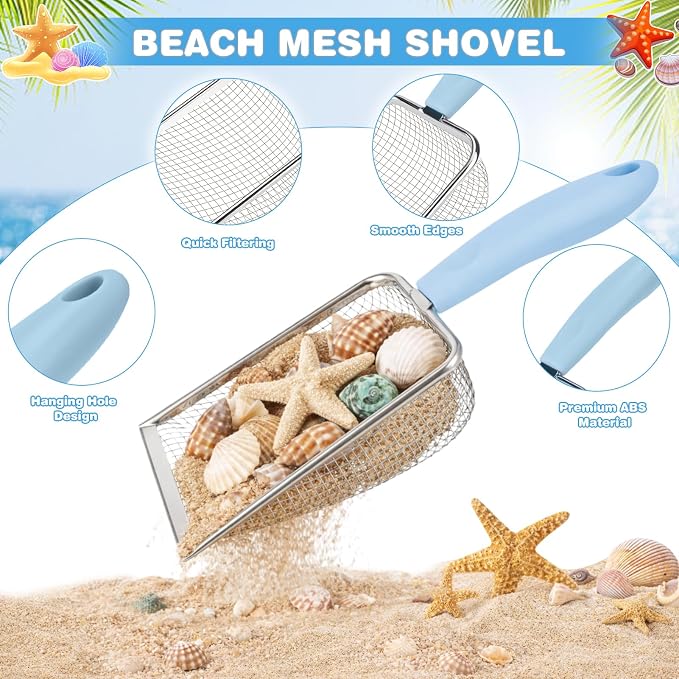 Beach Sand Toys Mesh Shovel Set for Kids, 3 Pack Collapsible Sand Buckets and Filter Sand Scooper with Mesh Bag for Shell Collecting, Shark Tooth Sifter Dipper Sandbox Toys for Toddlers Boys Girls