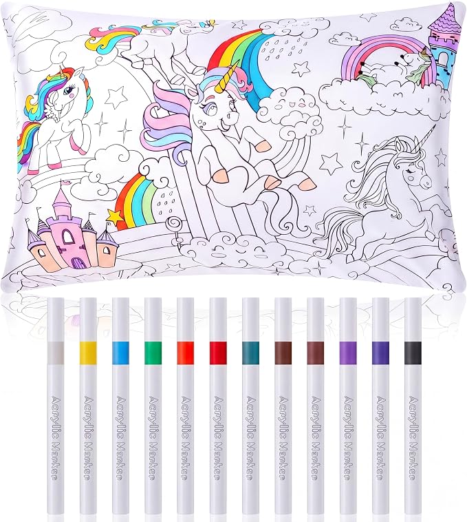 Mindsoft Coloring Craft Coloring Pillowcase Unicorn Pillowcase with 12 Pcs Markers Pens for Decoration Supplies Craft, 28.7 x 19.7 Inch