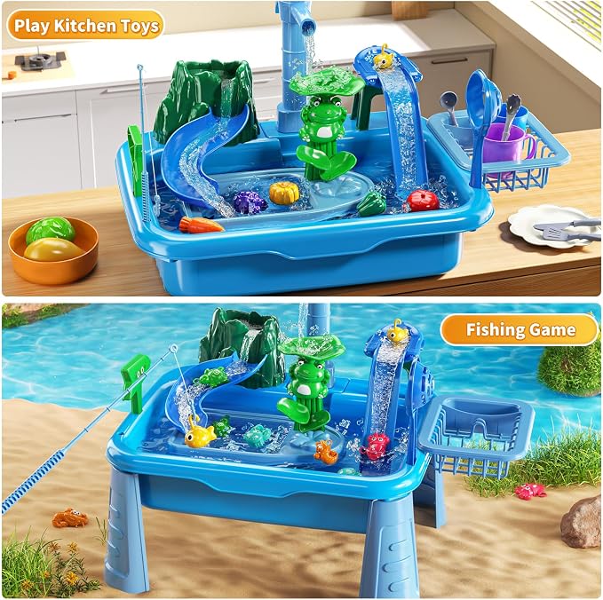 Water Table Play Sink Toy for Kids 2 3 4 5 6 Years Old - Outdoor Kitchen with Running Water, Fishing Games, Toddler Water Play Table for Kids Ages 3-8, Beach Outdoor Toys, Birthday Gifts 2+ 3-5 (Blue)