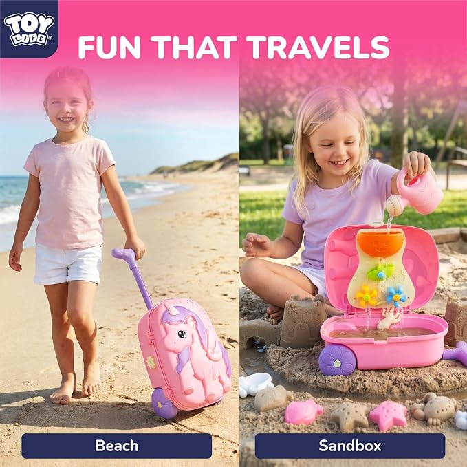 TOY Life Unicorn Suitcase Travel Sand Toy for Kids Beach Toy with Luggage with Wheels, Water Gear STEM Play Water Table, Shovels, Can, Sand Molds, Sandbox Beach Summer Toys for Toddlers Ages 3-8