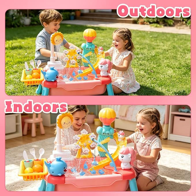 CUTE STONE Toddler Water Table for Kids, Kitchen Sink Toy with Running Water & Fishing Game,Water Play Table for Backyard Beach Pool, Summer Gifts for Boys Girls-Unicorn