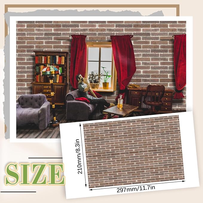 Flutesan 12 Pcs Miniature Dollhouse Wallpaper and Flooring Peel and Stick Mini DIY Self Adhesive Dollhouse Accessories 8.27 x 11.69 Inch (Gray Clinker)