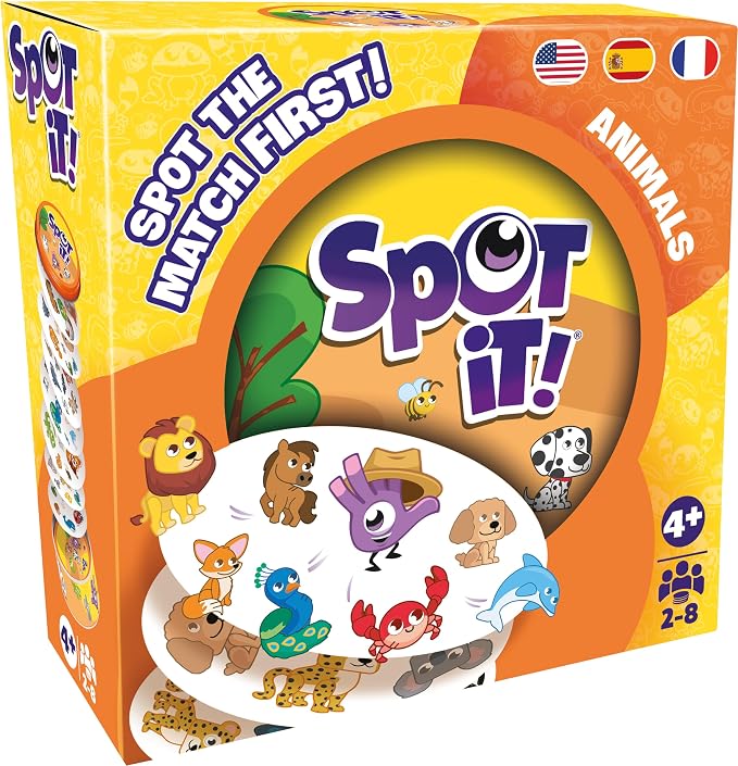Asmodee Spot It! Animals (2024 Refresh) - Eco-Sleeve Edition, 5-in-1 Visual Perception Game for Quick Reflexes and Family Fun, Ages 4+, 2-8 Players, 15 Minute Playtime