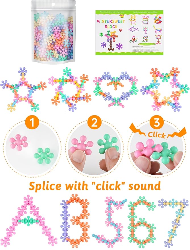 Snowflake Interlocking Building Block Educational Toy 100PCS for Kids Ages 3+, Multi-Color Solid Plastic Early Learning Creativity STEM Toy with Carrying Case Safe Material (Macaron Colors)