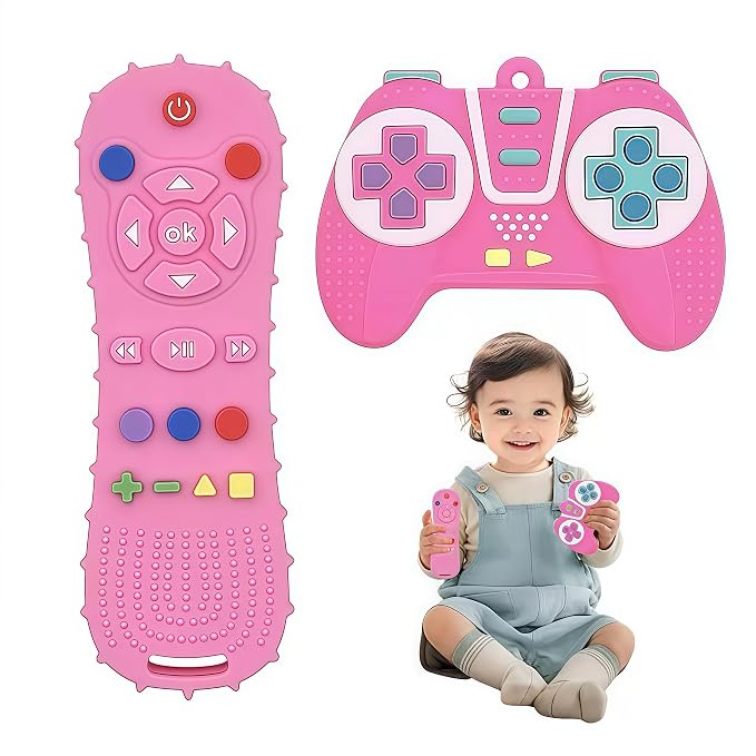 AALFA Baby Teething Toy, Soft TV Remote+Game Machine Shape Chew Set Intellectual Development Intellectual Development Educational Toy,Safe Silicone Toddler Infant (Pink (Handle+Remote Control)) | BPA-free silicone teething toys with remote control and ...