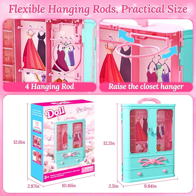 Style Shine 70 Pcs Doll Closet with Clothes & Accessories Playset,2 Wedding Gowns 6 Fashion Dresses 2 Tops 2 Pants 2 Swimsuits 10 Shoes 20 Hangers 27 Accessories Toys for Girls Kids Gifts