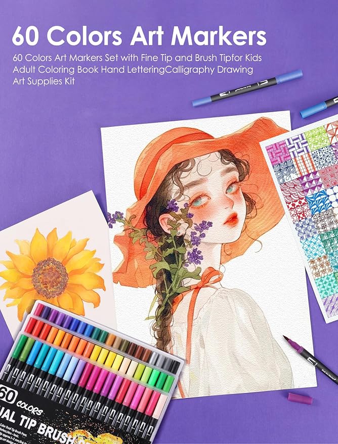 TOSHARE 60 Colors Brush & Fine Dual Tip Watercolor Markers for Adult Coloring Books No Bleeding Paint Pens For Drawing Note Taking Planner Calligraphy Journaling Card Making Back-to-School Supplies