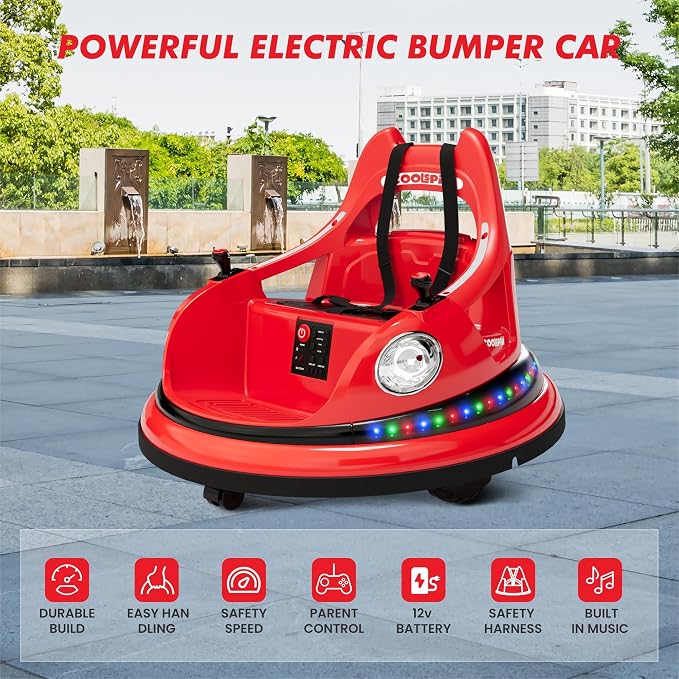 Bumper Car for Kids, 12V Ride on Bumper Car for Toddler with Remote Control, 2-Speed, 2 Driving Modes, 360°Spin, Anti-Collision Padding, Lights, Music, Electric Bumping Car for Children 1.5-6, Red
