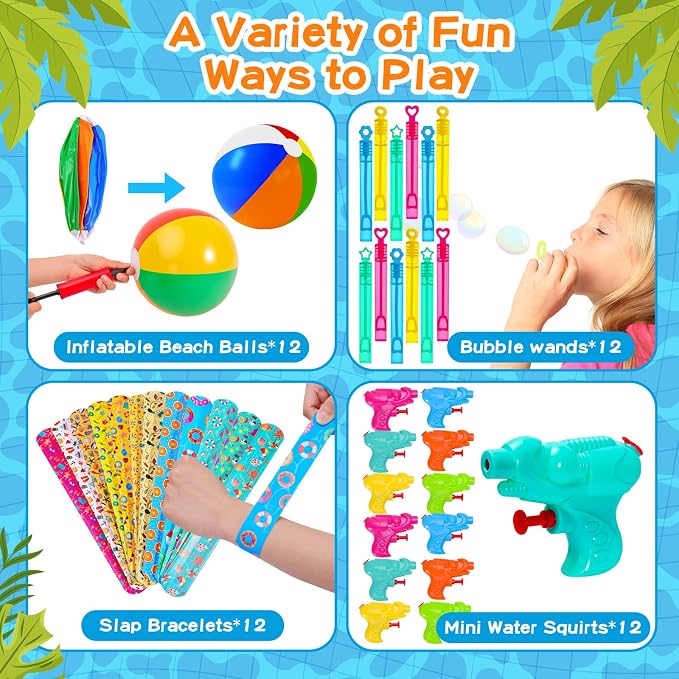 108Pcs Pool Party Favors and Beach Toys for Kids 3-8 8-12, Party Bag Stuffers Set with Beach Balls, Sunglasses, Bubble Wands, More for Pool Games Birthday Party Favors End of Year Student Gifts