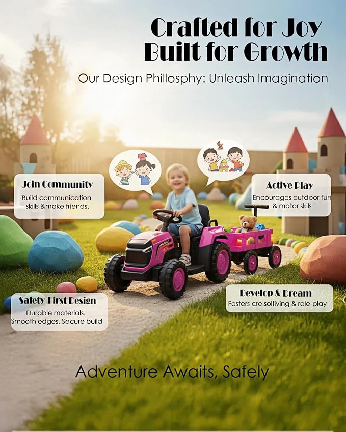 Garvee Toddlers Ride on Tractor with Detachable Garden Cart, 12V Electric Kids’ Vehicle with Trailer, Ages 3–8, Max Load 66 Lbs, Up to 2.5 Mph, Battery-Powered 8-Wheel, Remote Control, Garden Game