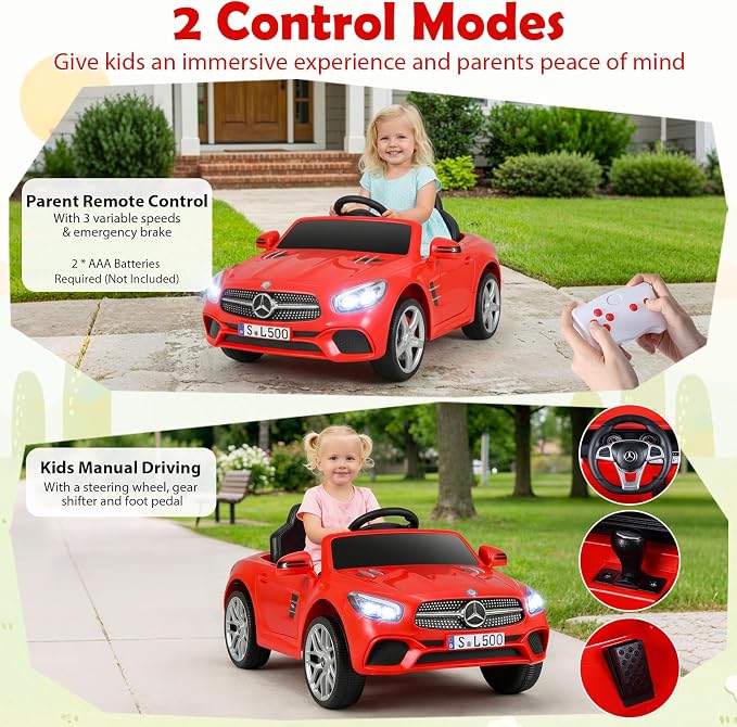 Costzon Ride On Car, 12V Licensed Mercedes Benz Electric Vehicles with Parent Remote Control, LED Headlights, Music & Wireless Connection, Kids Car for Boys Girls Aged 3-8 (SL500,Red)