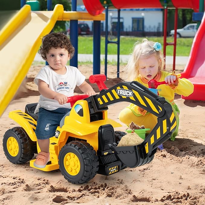 HONEY JOY Electric Ride on Push Car, Toddler Bulldozer Digger w/Balls & Basketball Hoop, Outdoor Digging Scoop, Flexible Bucket, 6V Ride on Excavator Construction Vehicle for Kids