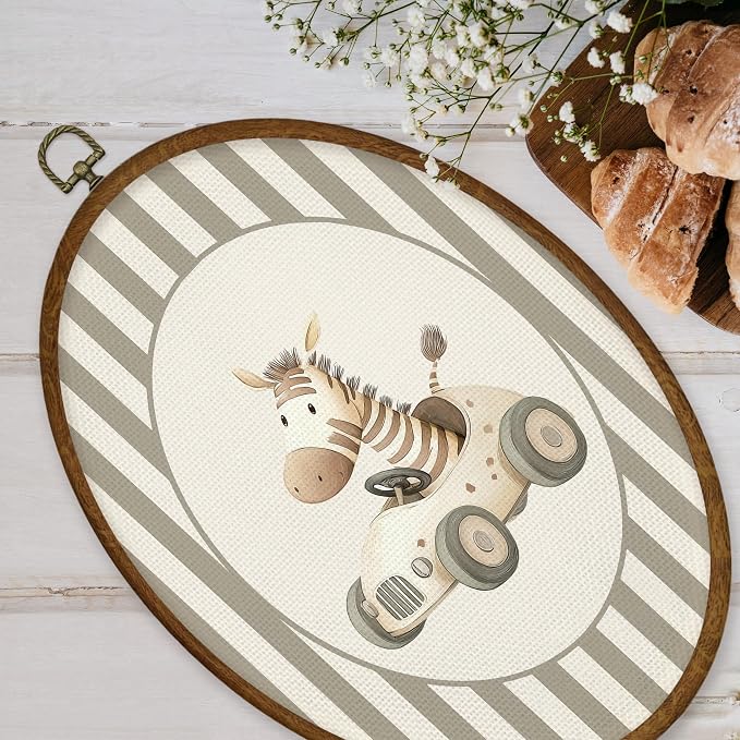WULQYING Vintage Zebra Nursery Wall Art Decor, Kids Oval Framed Canvas Art Prints, Neutral Striped Zebra Driving Car Wall Hanging Decor for Kids Boy Nursery Room Playroom, 8.5x11.4 Inches