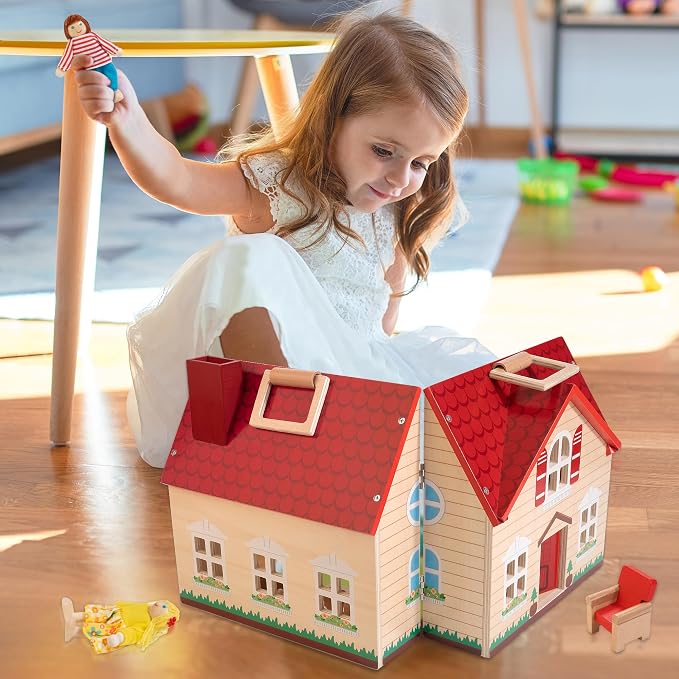 Foldable Wooden Dollhouse with 13PCS Furniture, 4 Rooms and 2 Flexible Dolls, Pretend Play Doll House Set with Portable Handle, Christmas Birthday Gift for Boys Girls Age 3+