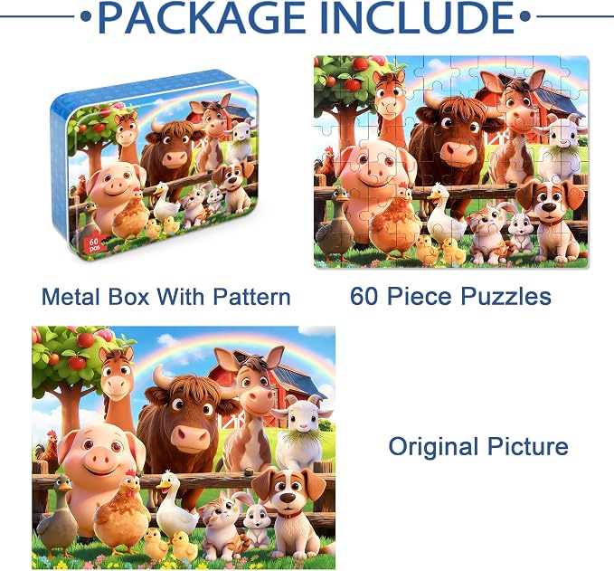 LELEMON Puzzles for Kids Ages 4-6,Farm 60 Piece Puzzles for Kids Ages 6-8 in a Metal Box,Children Jigsaw Puzzles Kids Puzzles,Educational Learning Puzzle Toys for Girls and Boys
