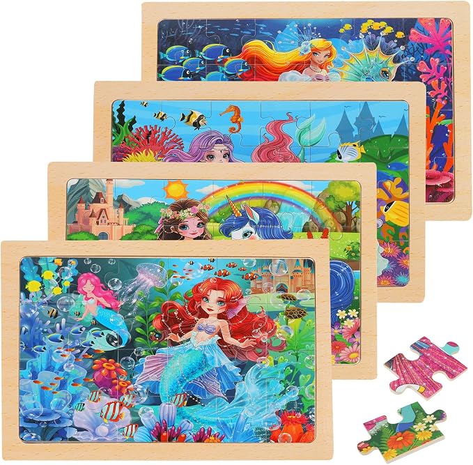 4-Pack Wooden Puzzles for Kids Ages 4-6, 24 Piece Unicorn Mermaid Princess Jigsaw Puzzles, Preschool Toddlers Learning Activity Puzzles Toys for Girls 3 4 5 6 Years Old