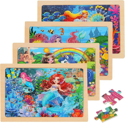 4-Pack Wooden Puzzles for Kids Ages 4-6, 24 Piece Unicorn Mermaid Princess Jigsaw Puzzles, Preschool Toddlers Learning Activity Puzzles Toys for Girls 3 4 5 6 Years Old