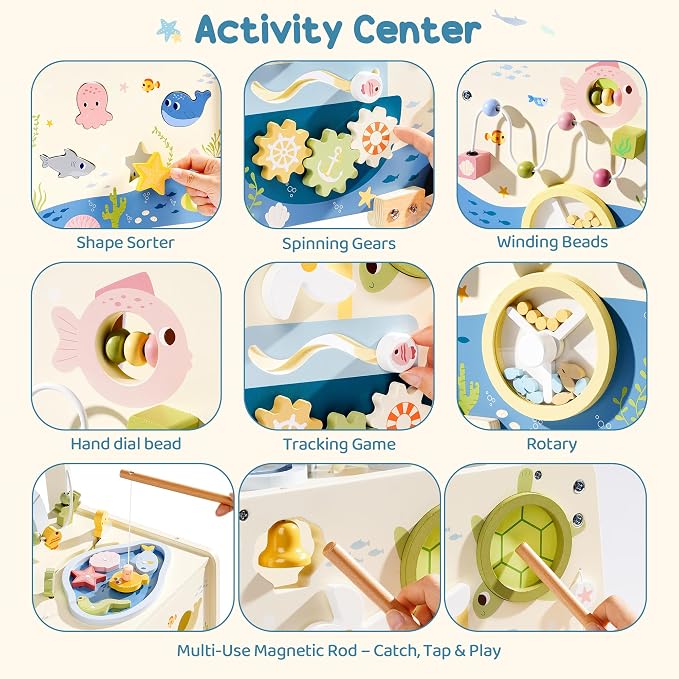 Wooden Baby Walker Push Toy for Toddlers 10M+ | Adjustable Height & Speed Control | Montessori Activity Center with Fishing Game, Music, Storage | Ocean World Theme Learning Walking Toy