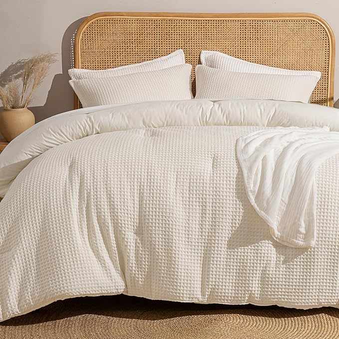 David's Home Waffle Weave Comforter Set 3PCS King Size, Soft Breathable Lightweight Cozy Skin-Friendly Warm for All Season, Elegant Aesthetic Home Decor Bedding Set with Pillow Shams, Cannoli Cream