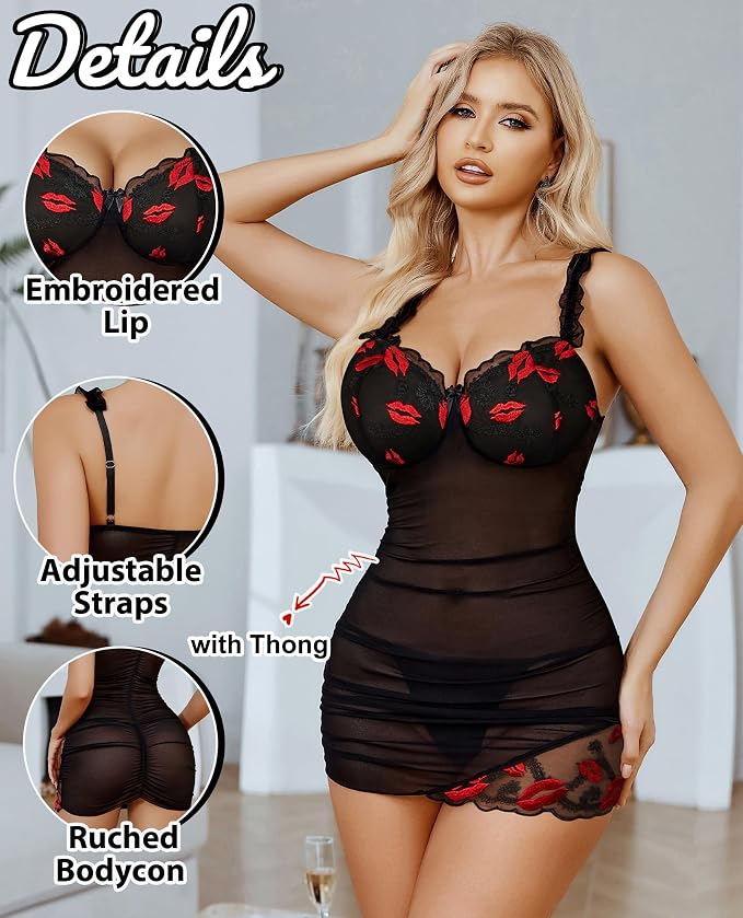 Avidlove Lingerie for Women Mesh Babydoll Lingeries Lace Chemise Floral Sleepwear Dress Sheer Exotic Boudoir Outfit S-XXL