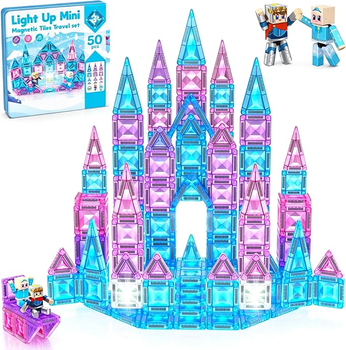 Mini Magnetic Tiles with 2 Little Action People, Light Up Frozen Tiles with Magnetic Action Figures for Princess Castle, Micro Magnet Portable Travel Toys for Kids, STEM Building Gifts for Boys Girls
