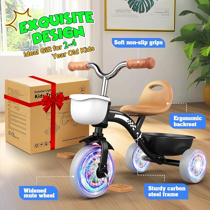 Kkdi Toddler Tricycle for 1-3 3-4 Year Olds, 2 3 4 Year Old Boy Girl Birthday Gifts, Toddler Baby Bike, 3-Level Adjustable Seat, 3 Color Light Wheels, 2 Baskets, Outdoor Riding Toys for Ages 2-4