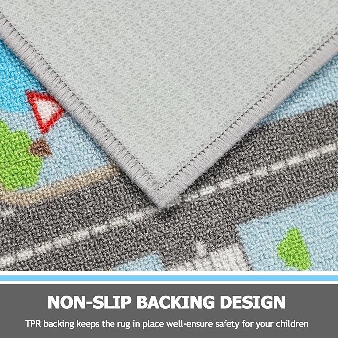 Capslpad Sky Blue Car Road Kid Rug Carpet Playmat for Playoom Traffic Road Kids Play Mat for Toddler Non Slip Washable City Map Race Track Carpet Rug for Kids Room Playroom Classroom Decor,6.6'x9.8'