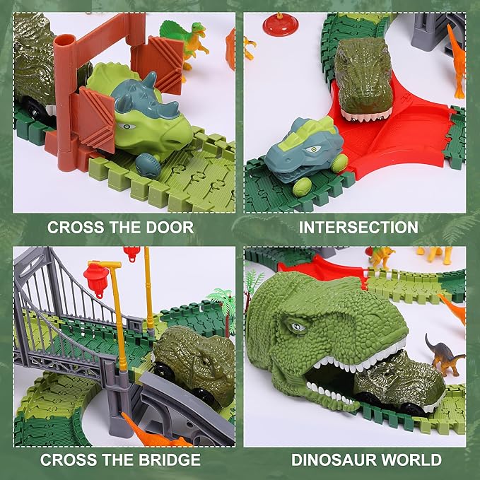 FUNBUD Dinosaur Race Track Toys for Kids - Birthday Gifts for Boys Age 3 4 5 6 7 Year Old, Flexible Race Cars Track Playset with Lights, 280+ PCS Creative