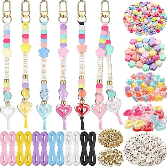 Landical 564 Pcs DIY Bead Keychain Kit Heart Shaped Key Chain Making Craft Adjustable Letter Name Beads String Mama Gift Alphabet Jewelry Backpack Accessories Holiday Party Favor(Flower,Clear Color)