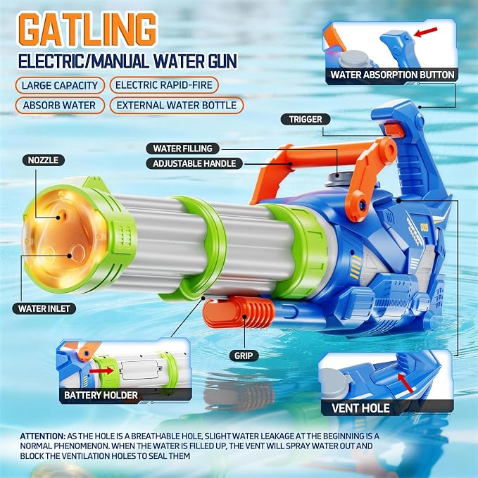 Electric Big Gatling Squirt Water Gun for Kids Adults - High Power Automatic Water Blaster with Large Capacity, Outdoor Summer Pool Long Range Water Toys Fight Games for Kid Age 8-12 Year Old