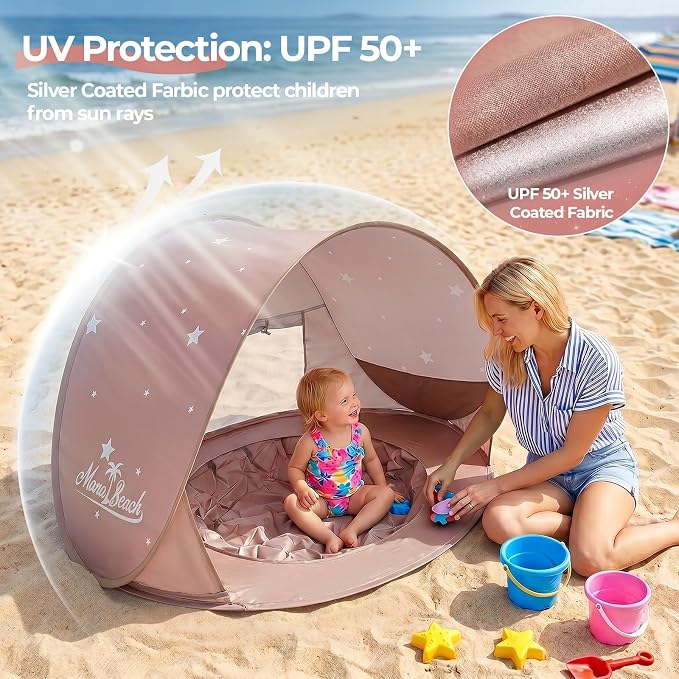 Monobeach Baby Beach Tent with Pool: Brown Stars Pop Up Sun Shade Tent for Toddler, UV Protection Portable Outdoor Shelter, Foldable Camping Canopy for Beach, Backyard & Travel