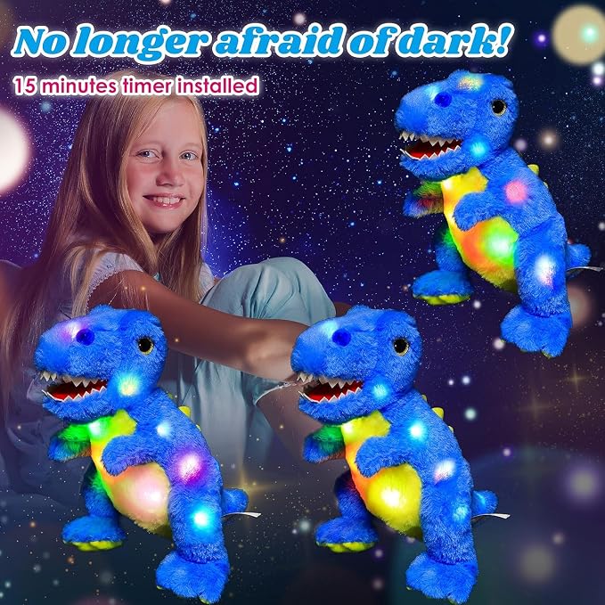 Light-up Plush Blue Dinosaur LED Stuffed Animal Birthday Christmas T-Rex Plushies Toy Gifts for Kids Toddler Girls, 12.5"
