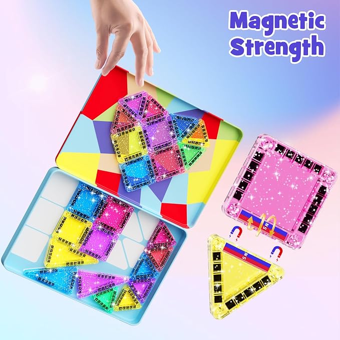 42 Pcs Mini Travel Glitter Magnetic Tiles Magnetic Block Set with Storage Box - STEM Educational Sensory Preschool Building Toy for Toddlers, Ideal Kids Gifts for Ages 2 3 4 5 6