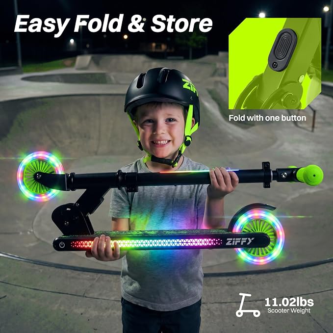 JOVA ZIFFY Light Up Scooter for Kids 3-12, 2 Wheel Foldable Kids Kick Scooter, 3 Adjustable Height, ABEC-7 Bearing with 4'' PU Wheels, Rear Foot Brake, Gift for Boys& Girls (Up to 110lb)