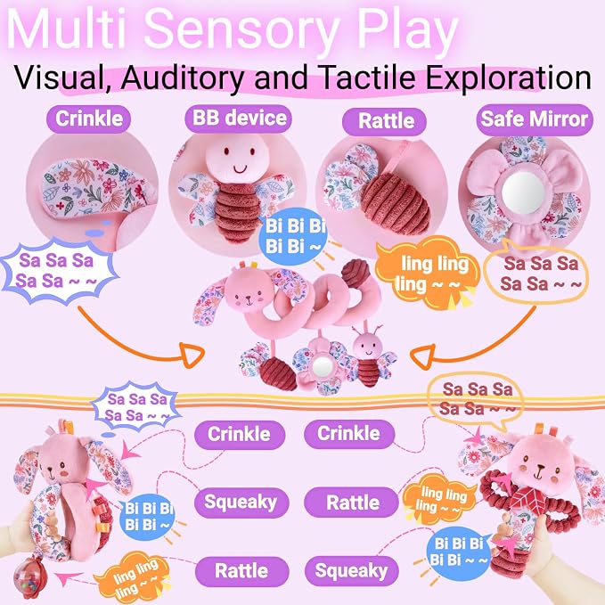 Baby Spiral Car Seat Toys for Babies 0-6 Months Girl, Stroller Hanging Stuffed Animal Carseat Crinkle Rabbit Toy 0-3-4-5-6-7-8-9-12 Month, Newborn Infant Toddler Birthday Gifts Set Bunny 3PCS