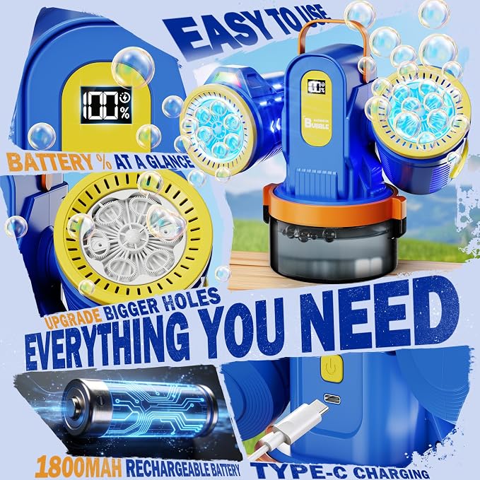 Dual-Engine Bubble Machine with Auto Rotation & RGB Lights & Remote Control,1800mA Type-C Rechargeable,700mL Tank,Bubble Maker for Kids, Party, Wedding, Backyard Outdoor Toy