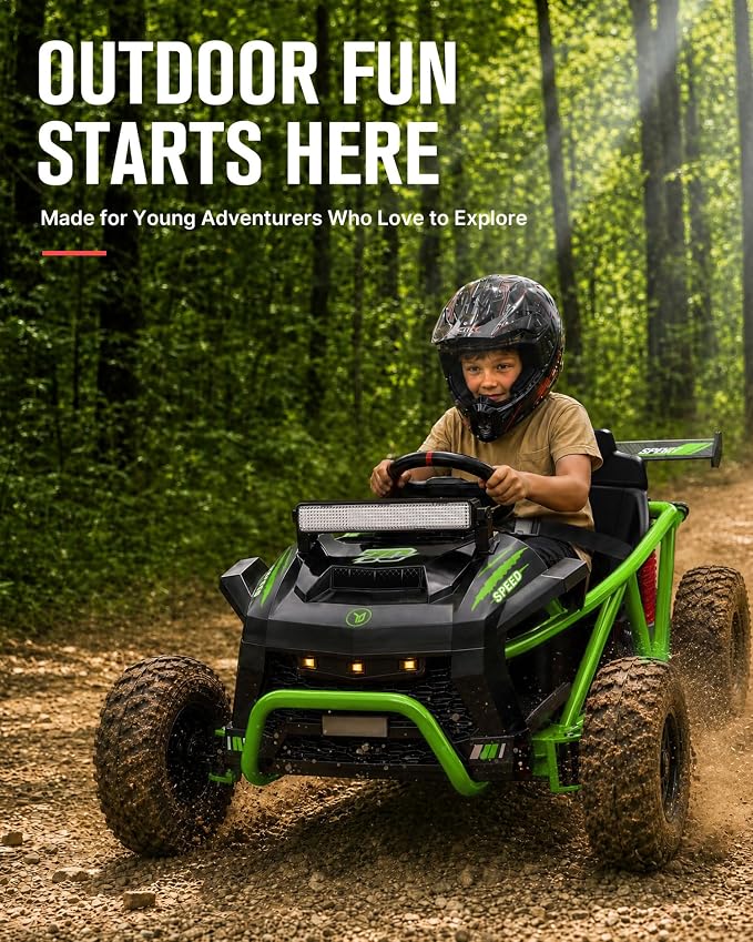 First Ride On 36V Kids Off-Road Go Kart, 400W Electric Ride-On Car for Ages 6+, Up to 9.3 MPH, EVA Tires, Metal Frame, Hall Throttle, Electronic Brake, Adjustable Seat, Bluetooth (Green)