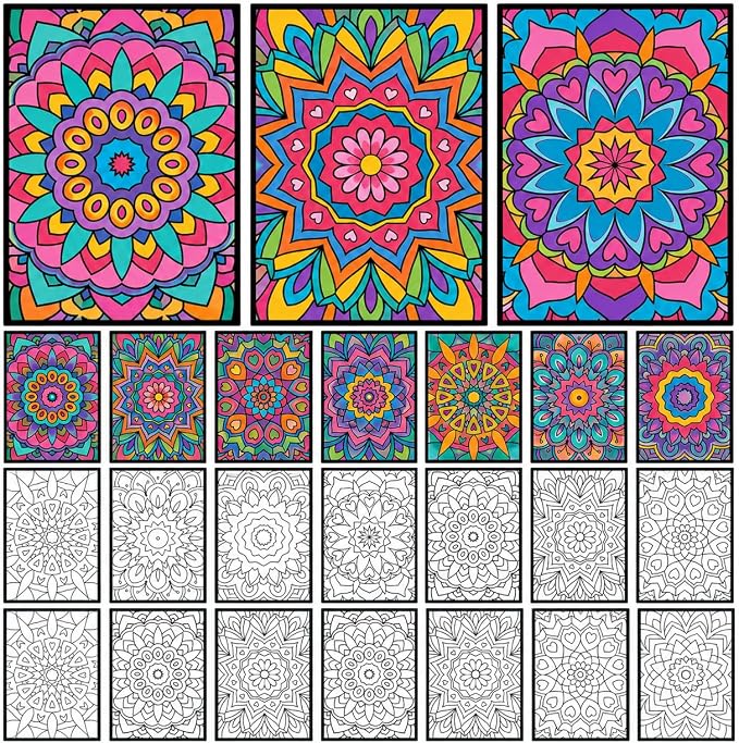 Cinrobiye 48 Pcs Velvet Coloring Posters Mandala Fuzzy Posters to Color Bulk Felt Mandala Coloring Page Craft for Adults Teenagers All Ages Classroom Assisted Living Festive Holiday Art&Craft Activity