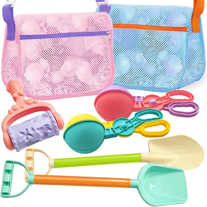 Beach Toy Mesh Beach Bag, 2Pcs Seashell Collecting Bags with Adjustable Shoulder Straps - 2pcs Sand Maker, Detachable Beach Shovels & Sand Rolling Mold, Outdoor Toys and Gifts for Kids